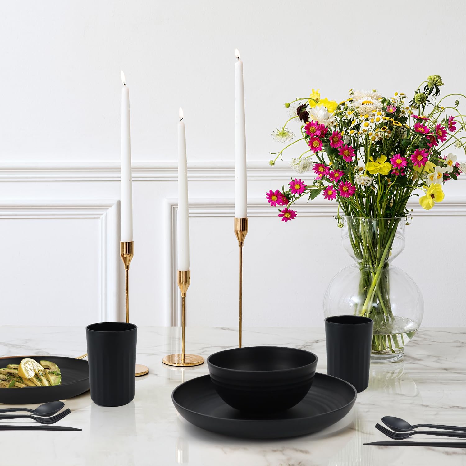 PYRMONT 28-Piece Wheat Straw Dinnerware Set for 4 Black