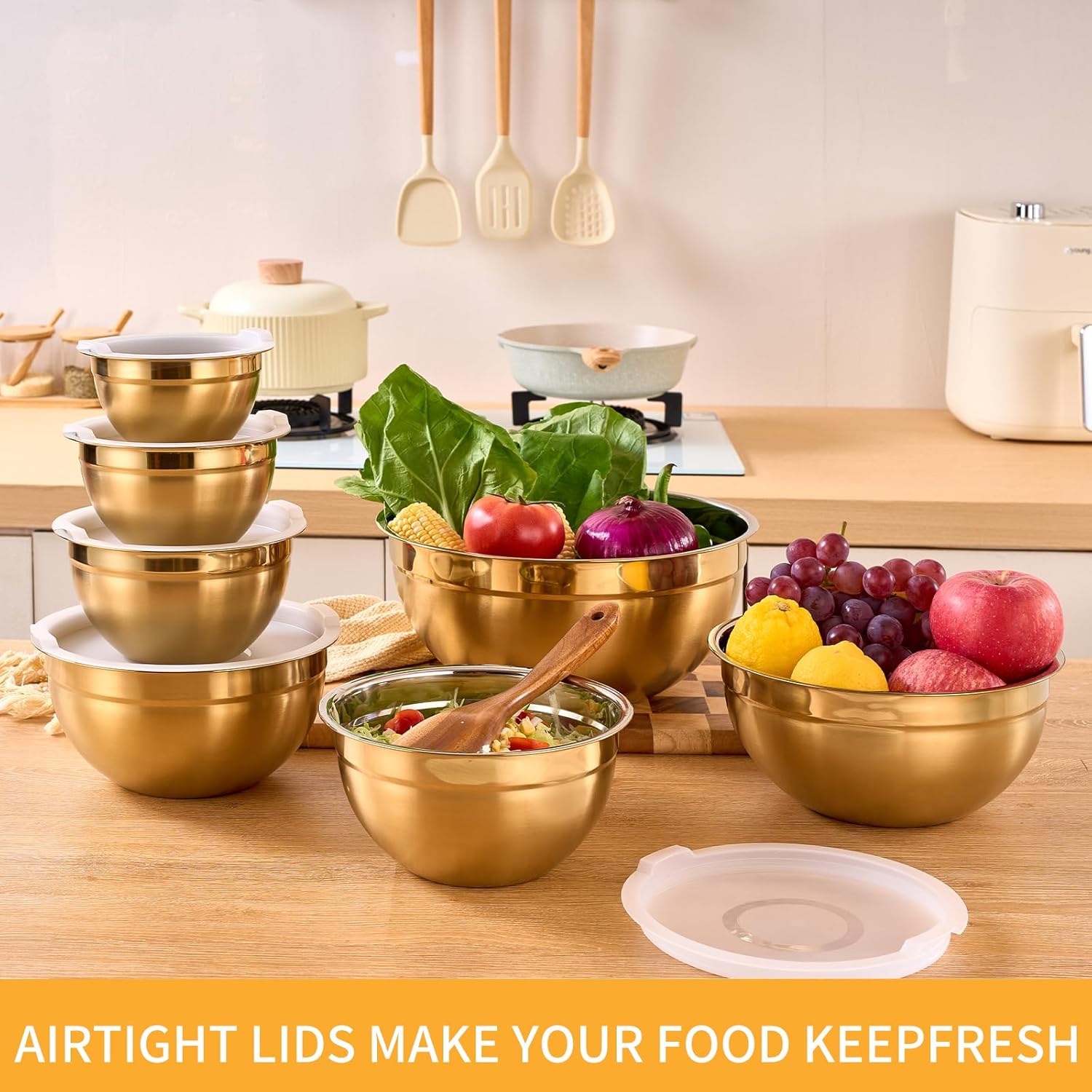 Gold Mixing Bowls With Airtight Lids 7 Piece Set