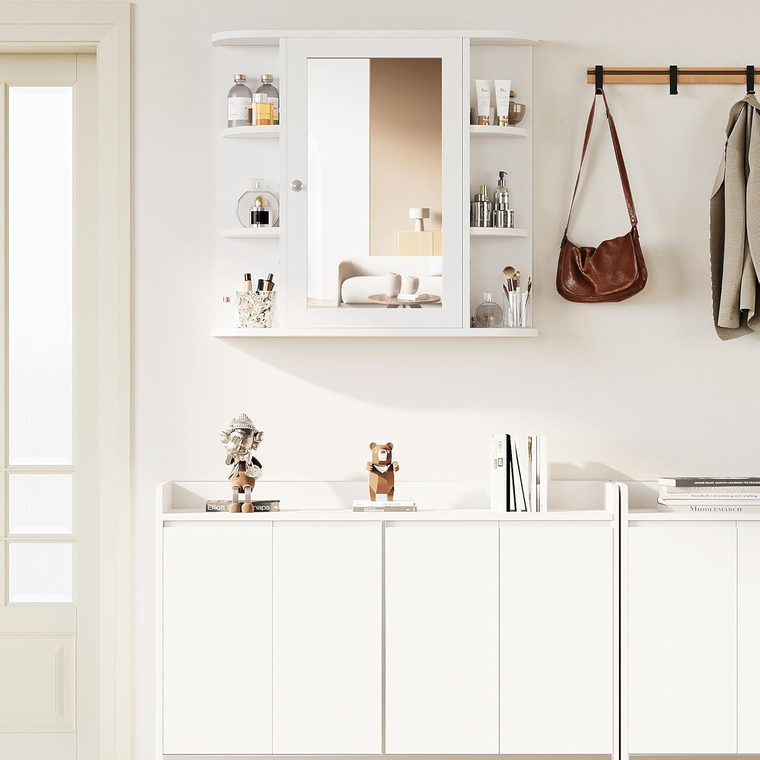Shintenchi White Bathroom Wall Cabinet with Mirror