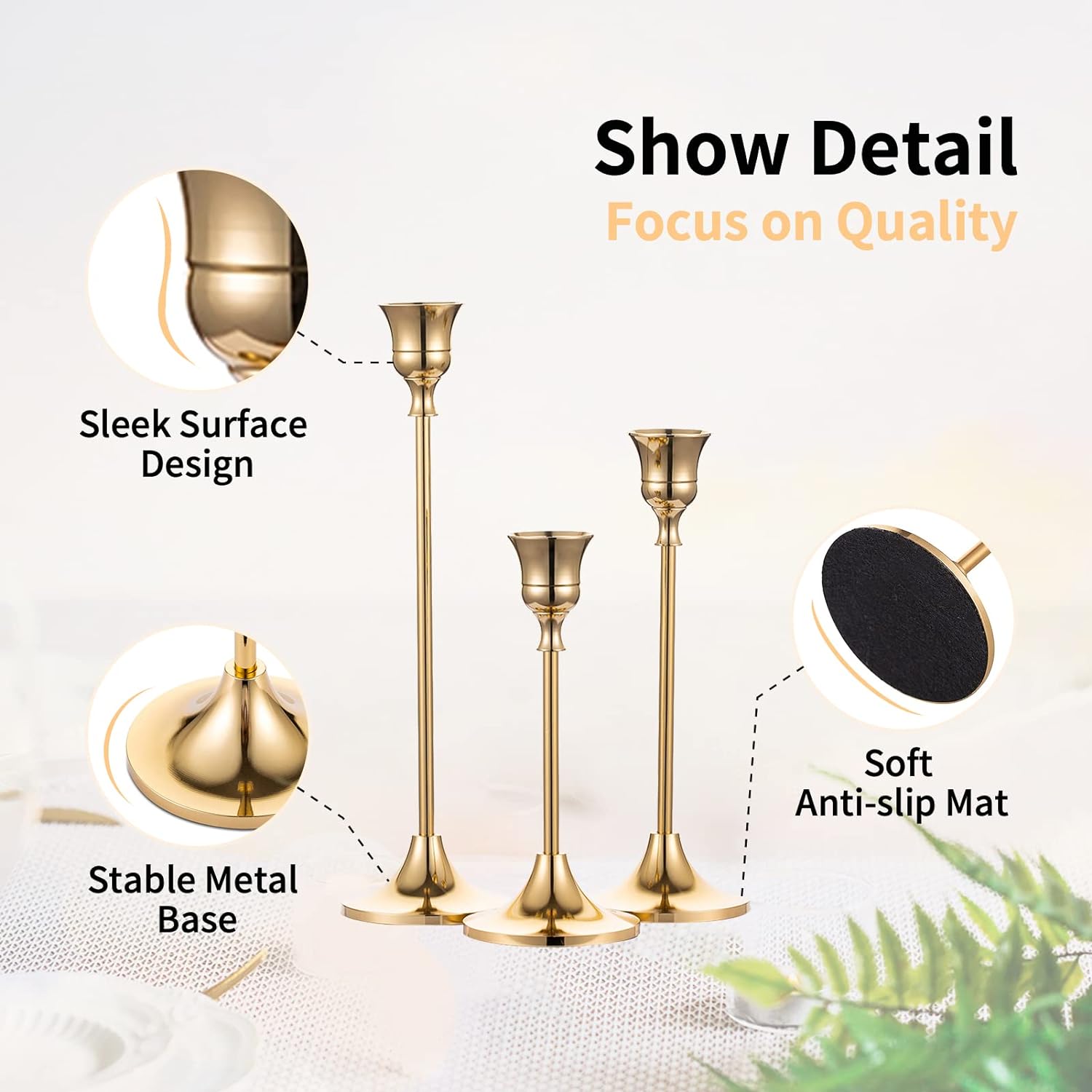NUPTIO Brass Gold Candlestick Holder Set of 3
