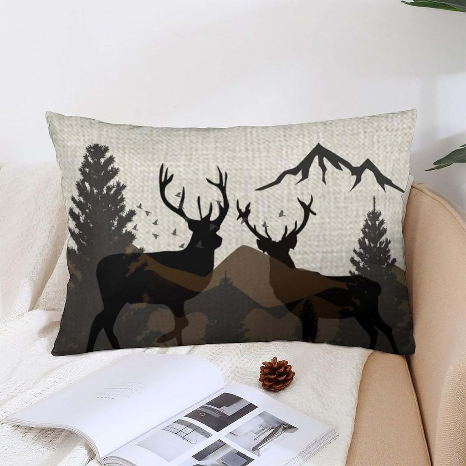 ITFRO Hand-Painted Rustic Forest Wildlife Deer Throw Pillow Case