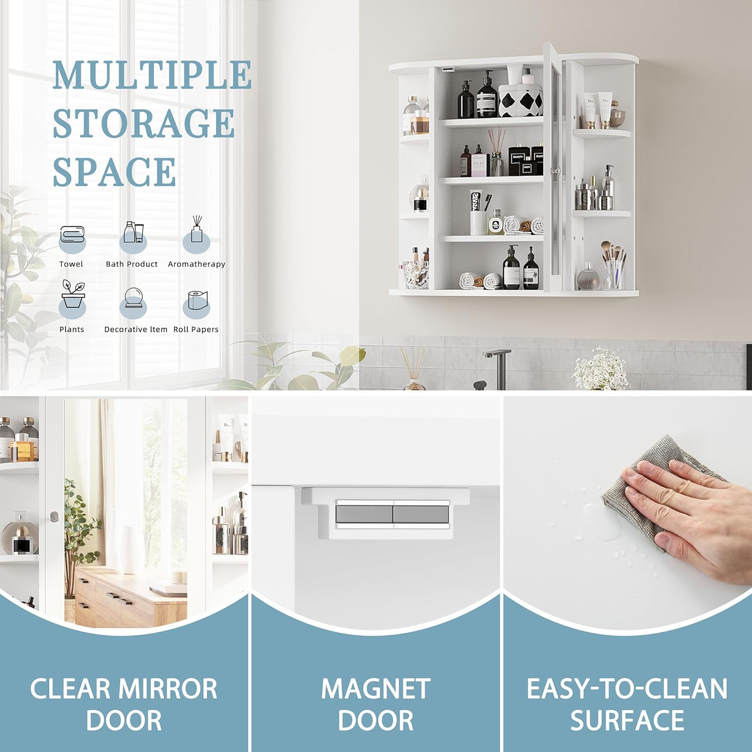 Shintenchi White Bathroom Wall Cabinet with Mirror
