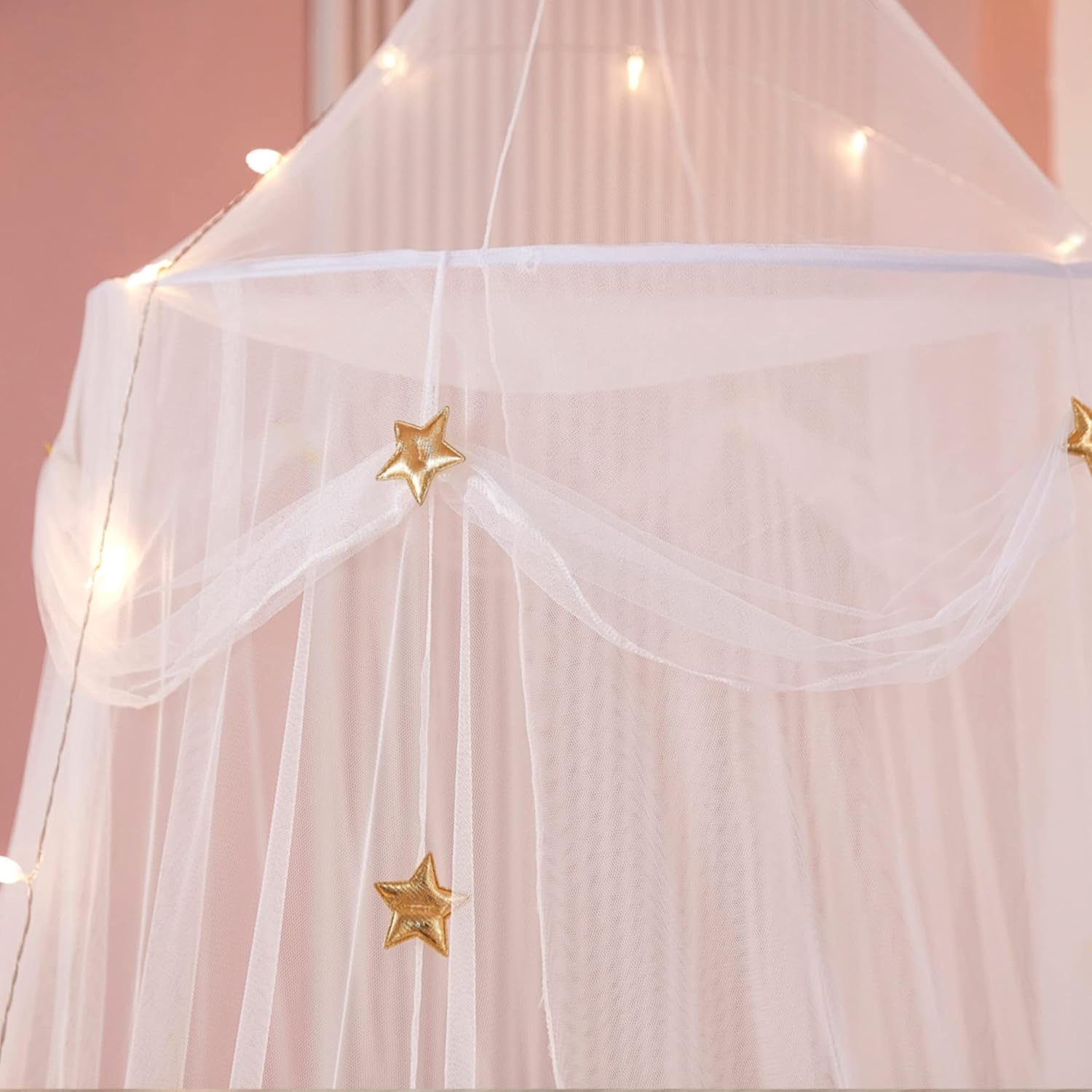 Gold Star Princess Bed Canopy with Lights for Girls and Boys
