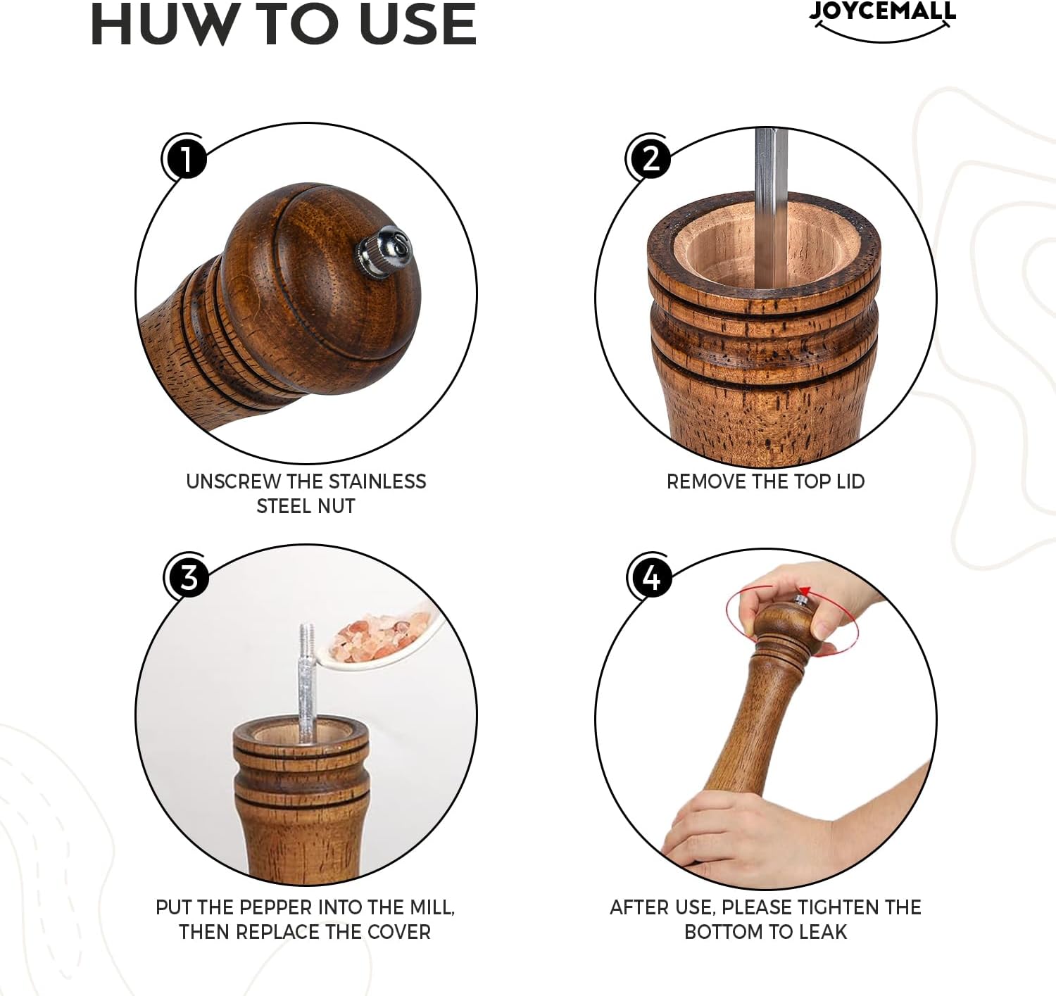 10 Inch Wood Salt and Pepper Grinder Set with 6 Pieces