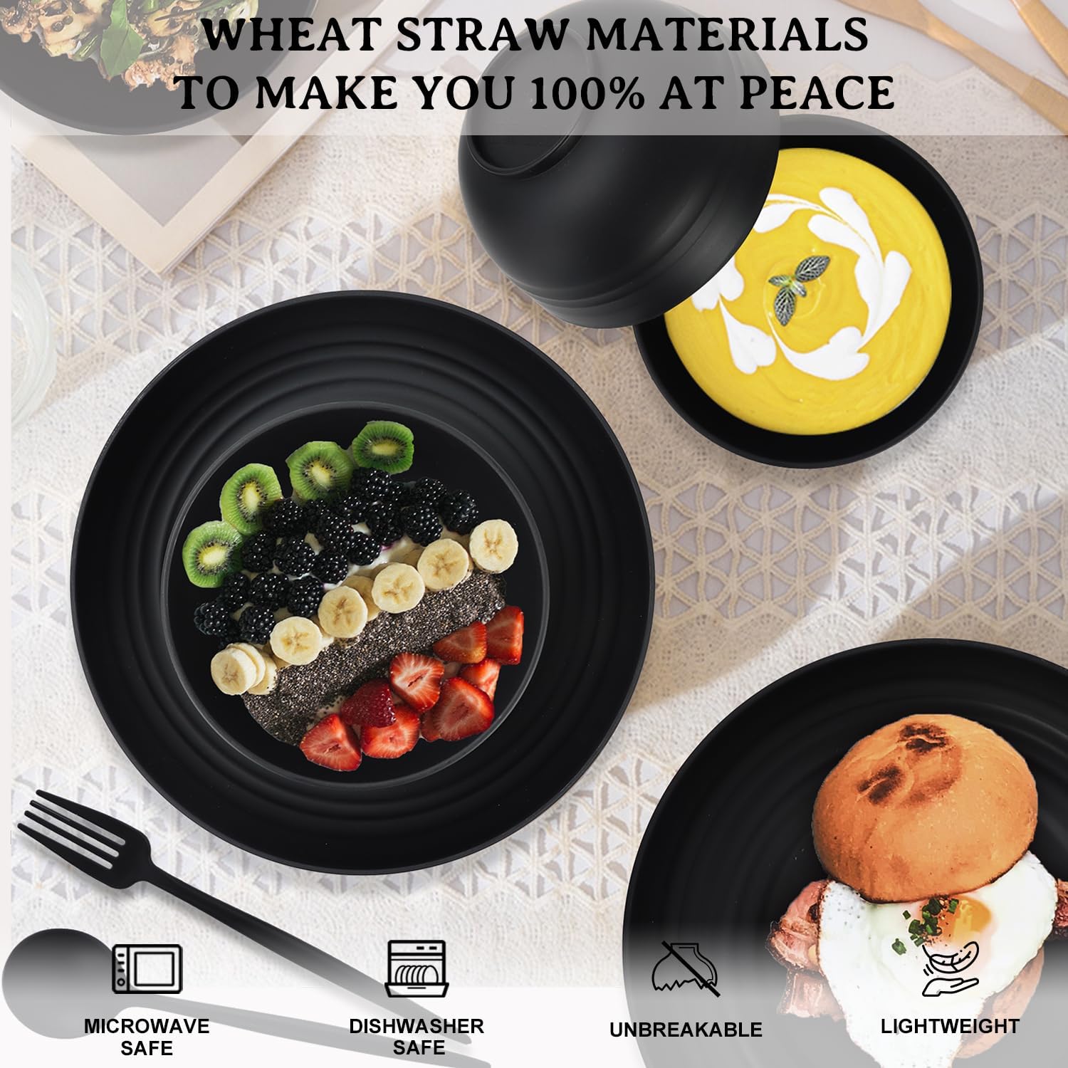 PYRMONT 28-Piece Wheat Straw Dinnerware Set for 4 Black