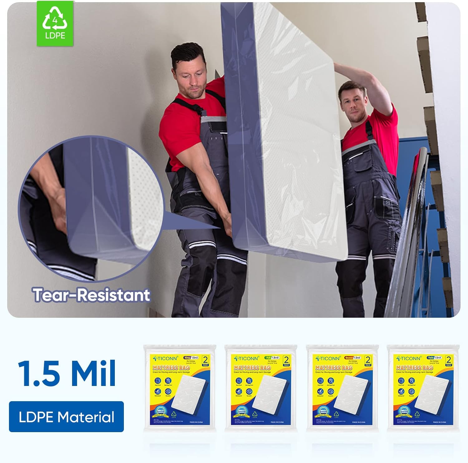 Ticonn 2pk Plastic Mattress Bag Waterproof Heavy Duty