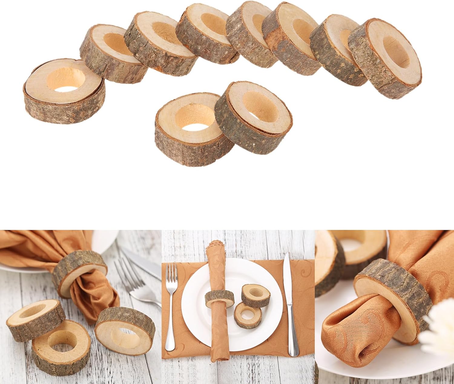 Yuudar Rustic Wooden Napkin Rings Set of 10