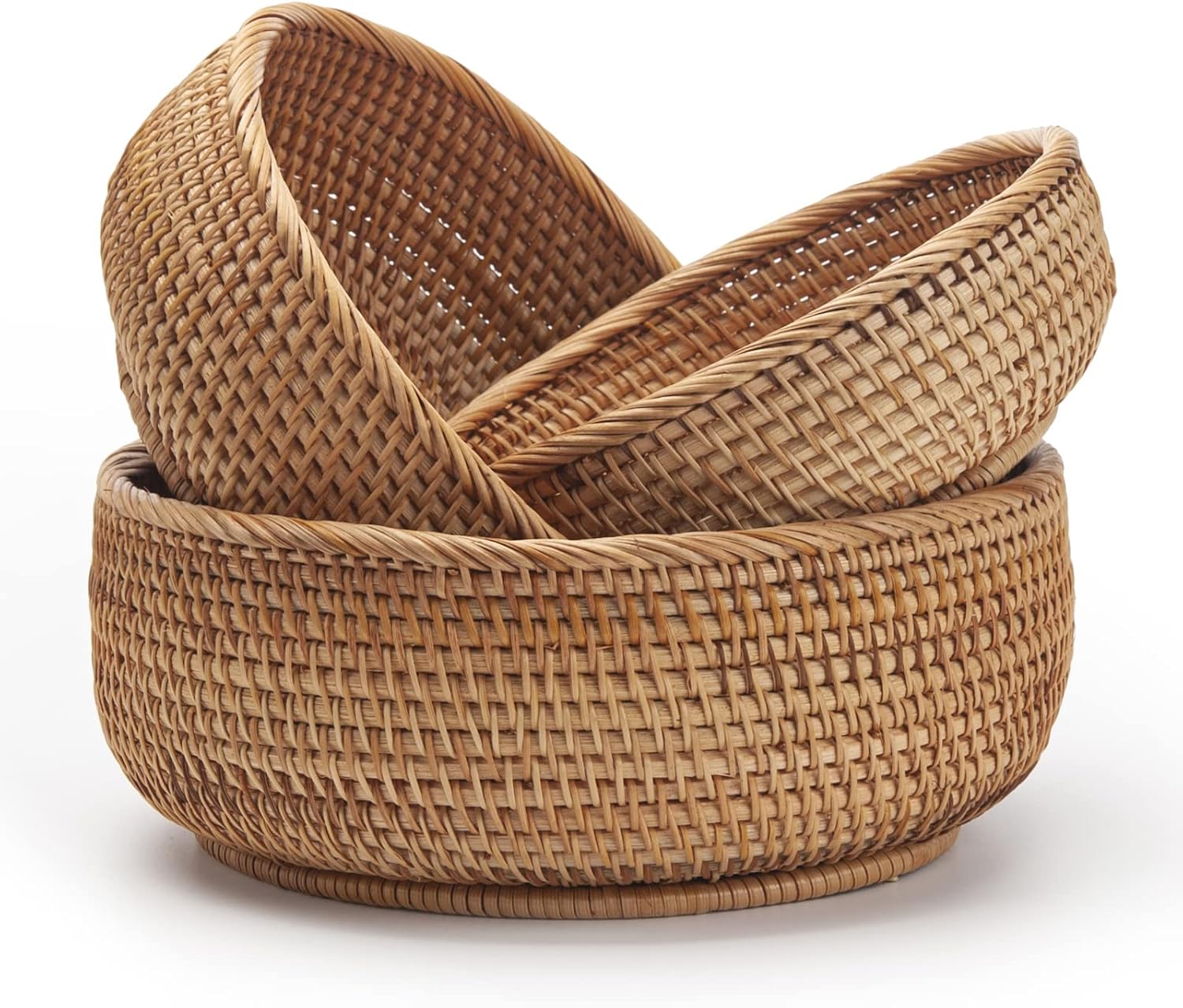 DECRAFTS Round Rattan Fruit Baskets Stackable Set of 3