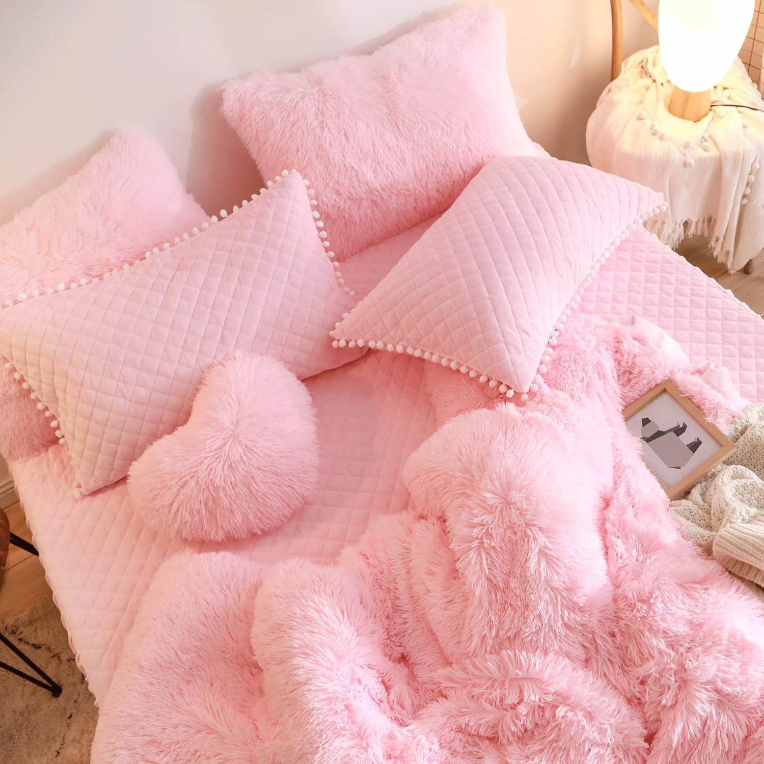 Fluffy Pink Duvet Cover Twin Set with Furry Pillow Cases