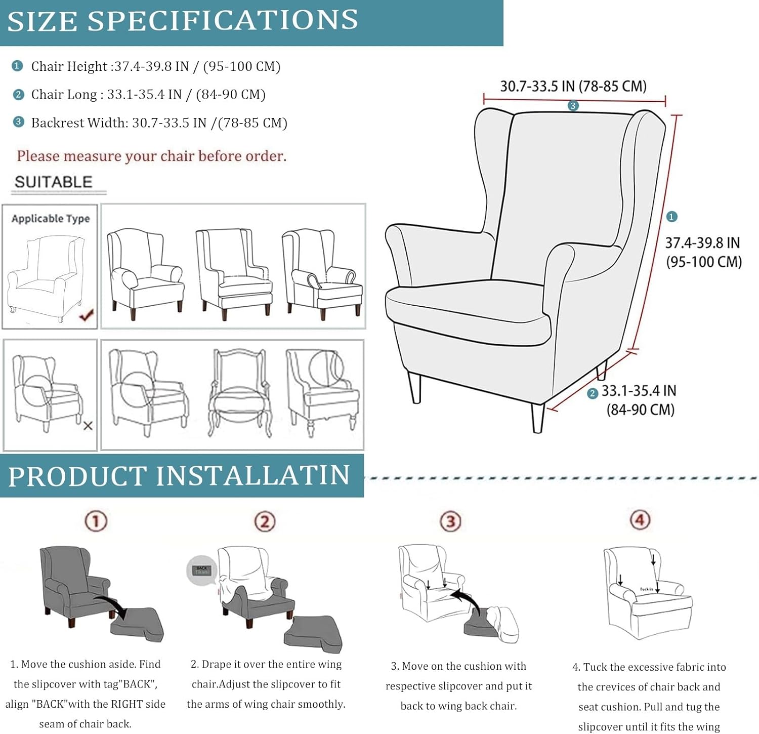 2-Piece Stretch Wingback Chair Covers - Brown