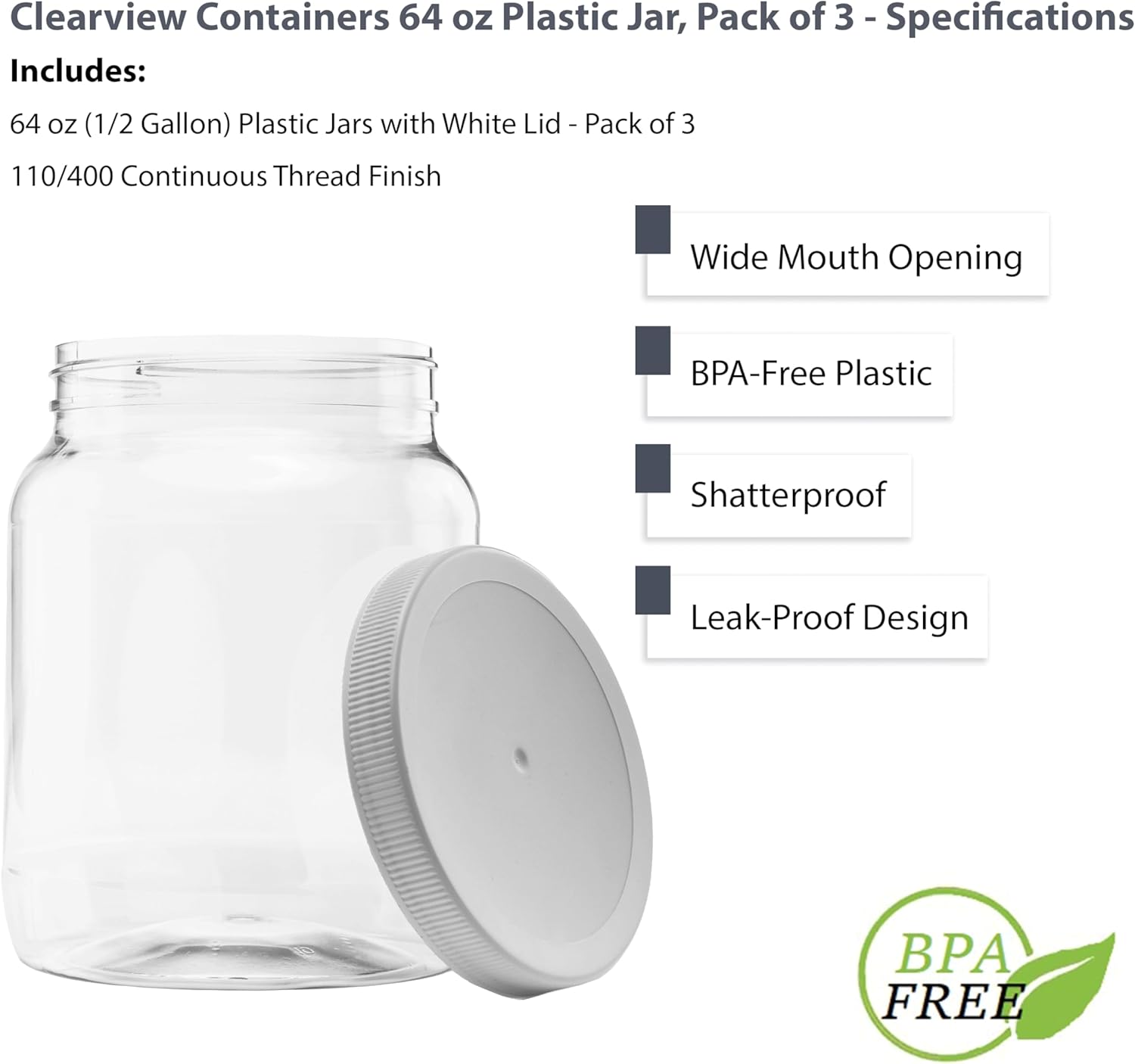 Plastic Food Jars with Leak Proof Lids 3 Pack