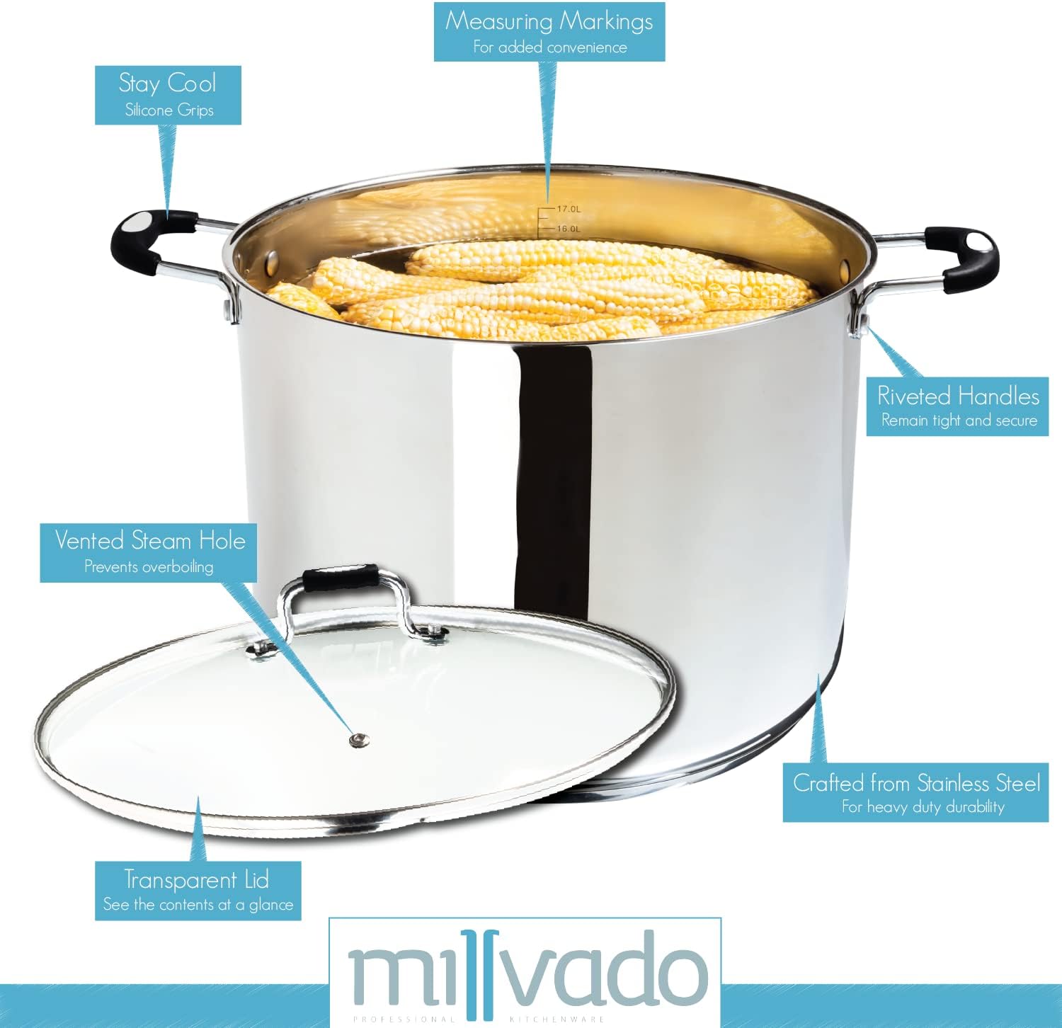 Millvado 20 Quart Stainless Steel Stock Pot with Clear Lid and Steam Hole