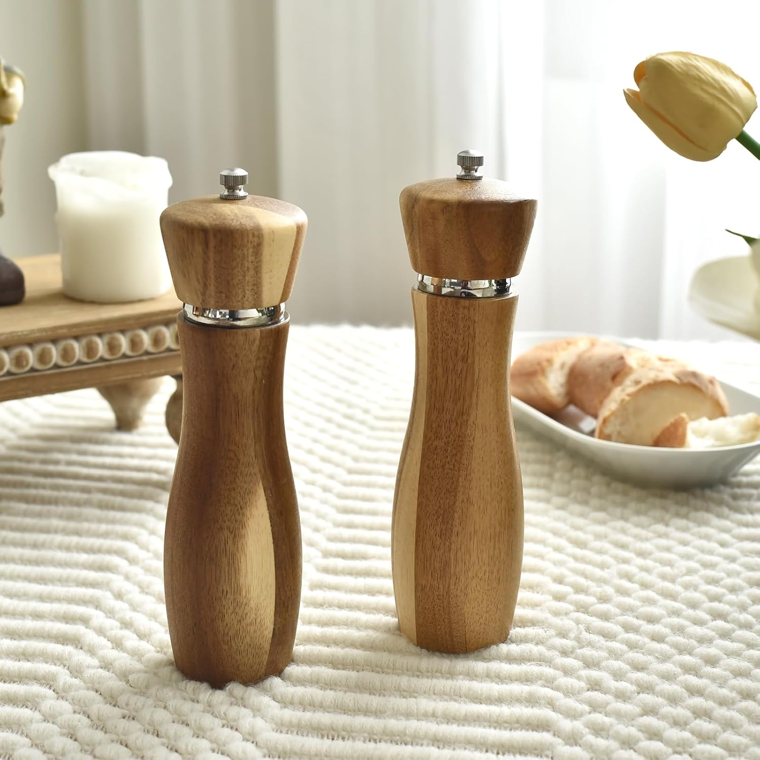 Acacia Wood Salt and Pepper Mill Set with Adjustable Spindles