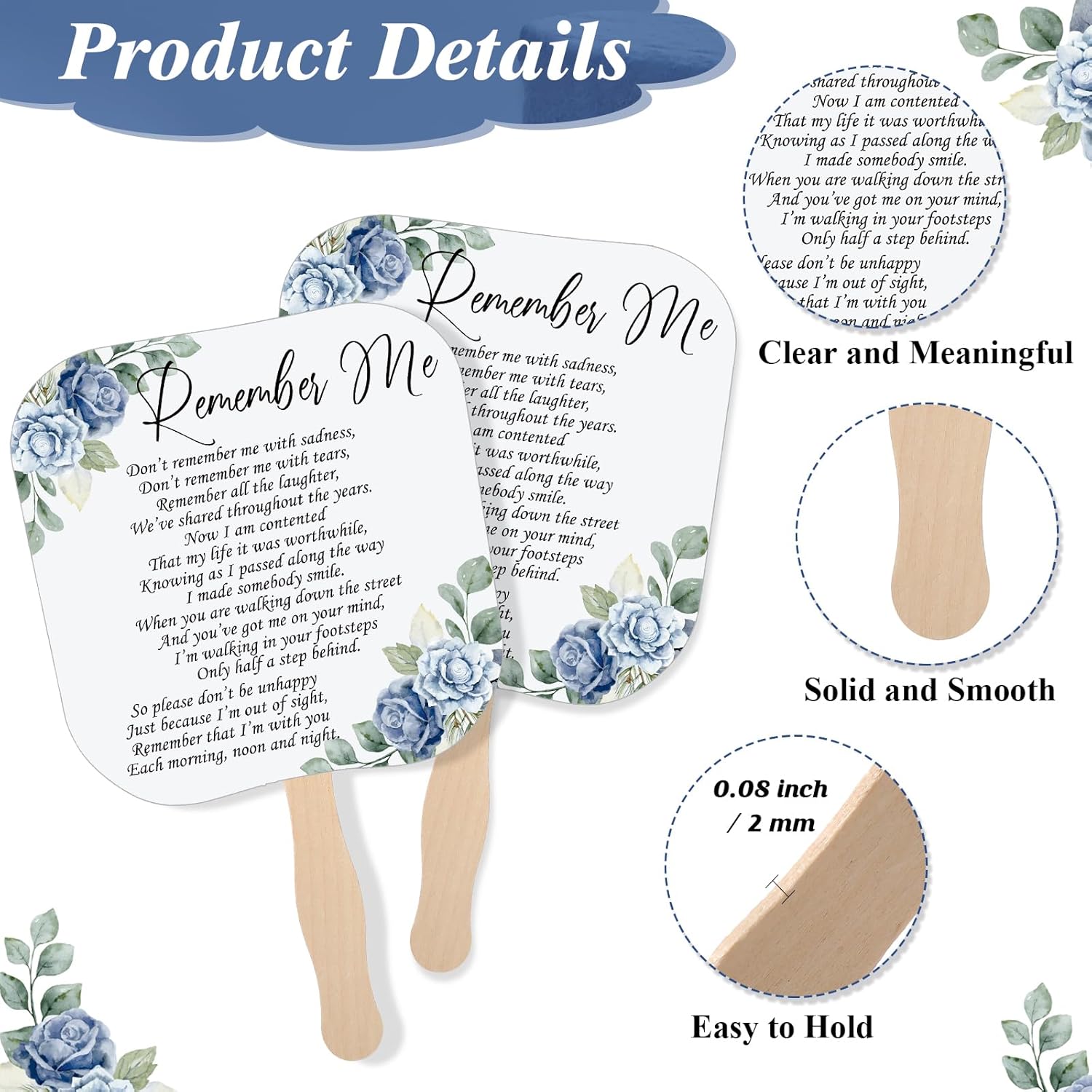Teling 50 Pcs Blue Rose Memorial Fans with Wooden Handles