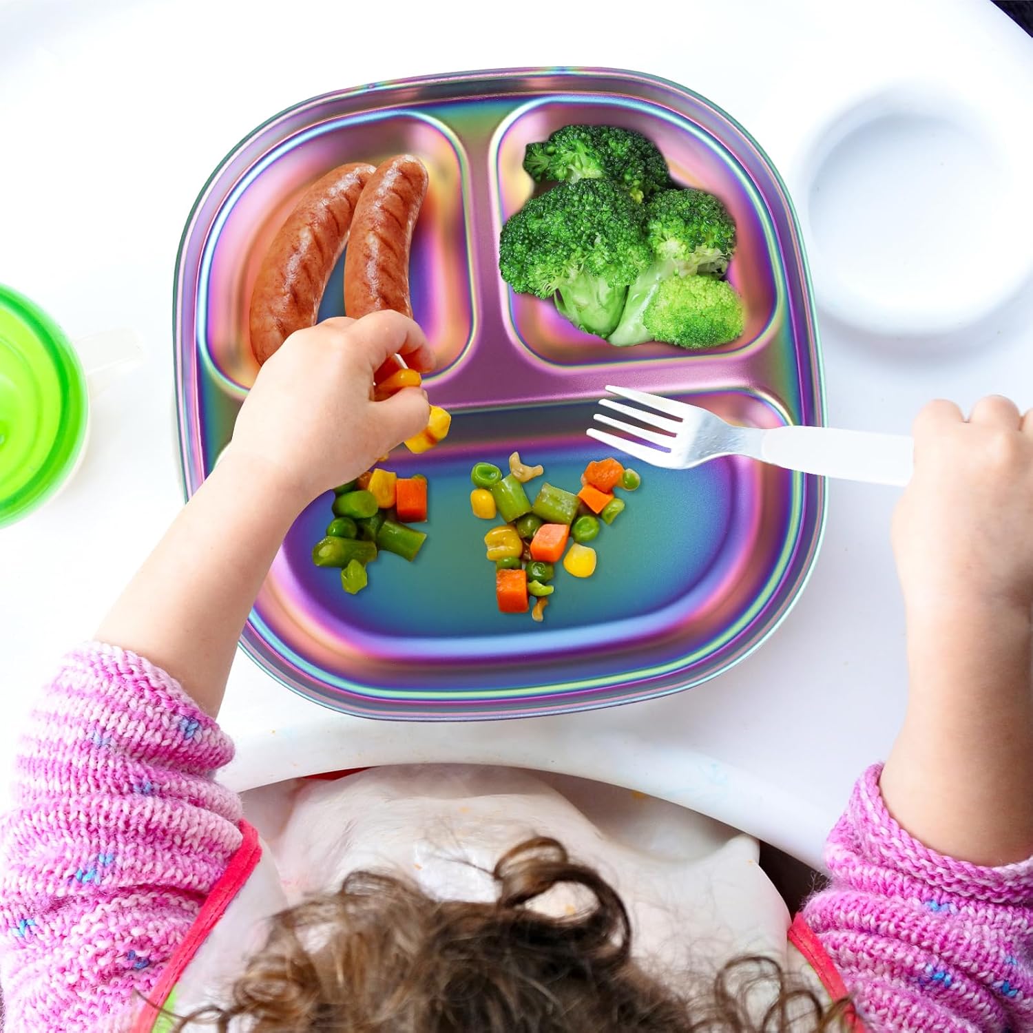 Stainless Steel Plates Set with Green Placemats
