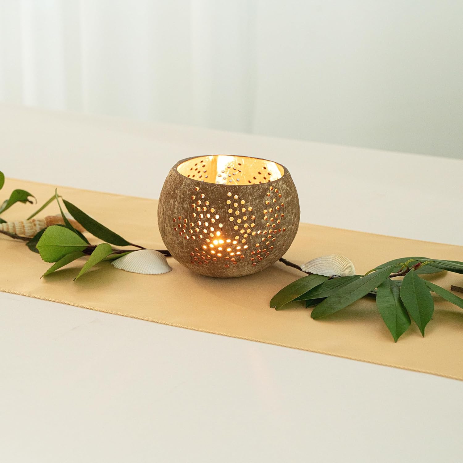 Restaurantware Coco Casa Coconut Shell Candle Holders Leaf Pattern Reusable 4x33 Inch