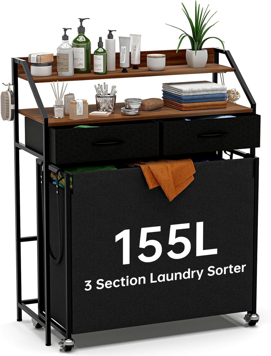 2 Tier Laundry Sorter with 3 Sections and Wheels