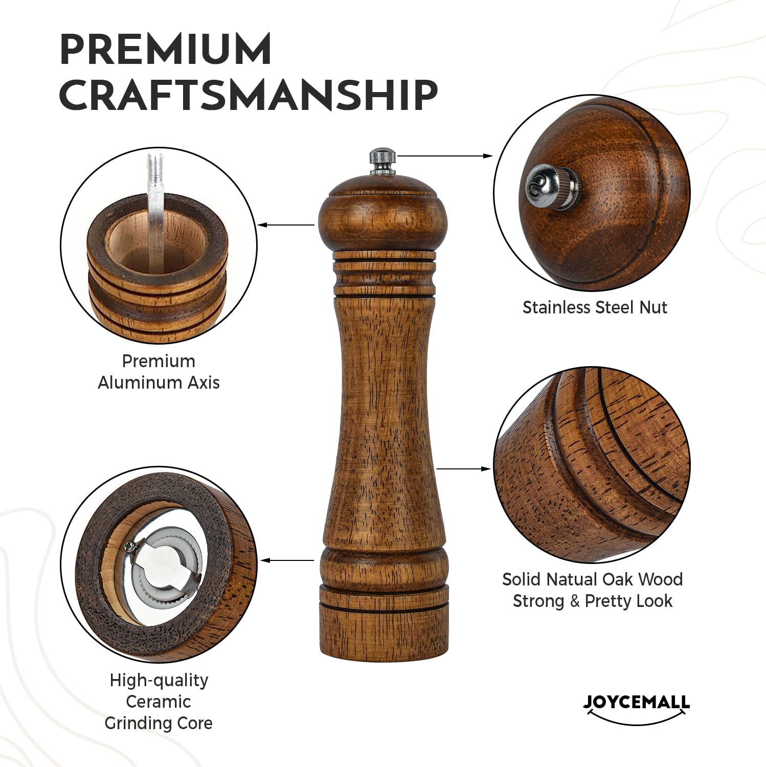 10 Inch Wood Salt and Pepper Grinder Set with 6 Pieces