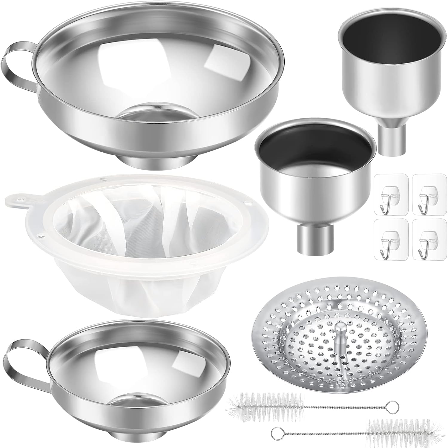 Gejoy 12 Pcs Metal Canning Funnels Set with Strainer and Adhesive Hooks
