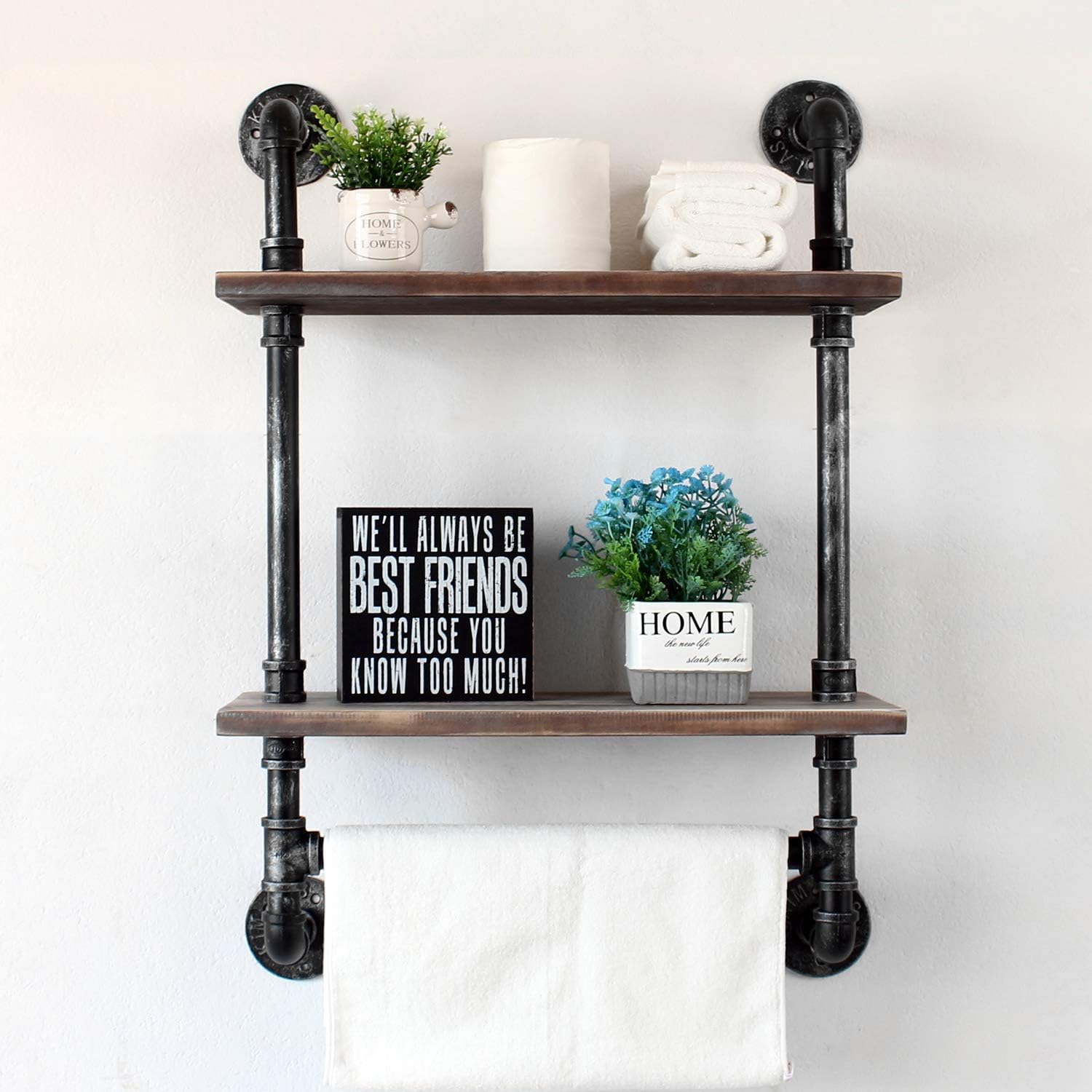 Retro Grey Industrial Pipe Bathroom Shelf Towel Rack 2 Tier