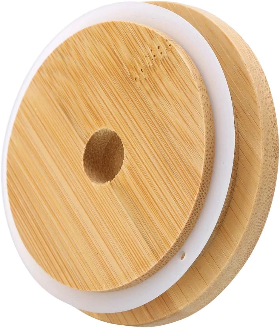 TOUSHI 4Pcs Bamboo Mason Jar Lids with Straw Hole Reusable Leak-Proof Caps