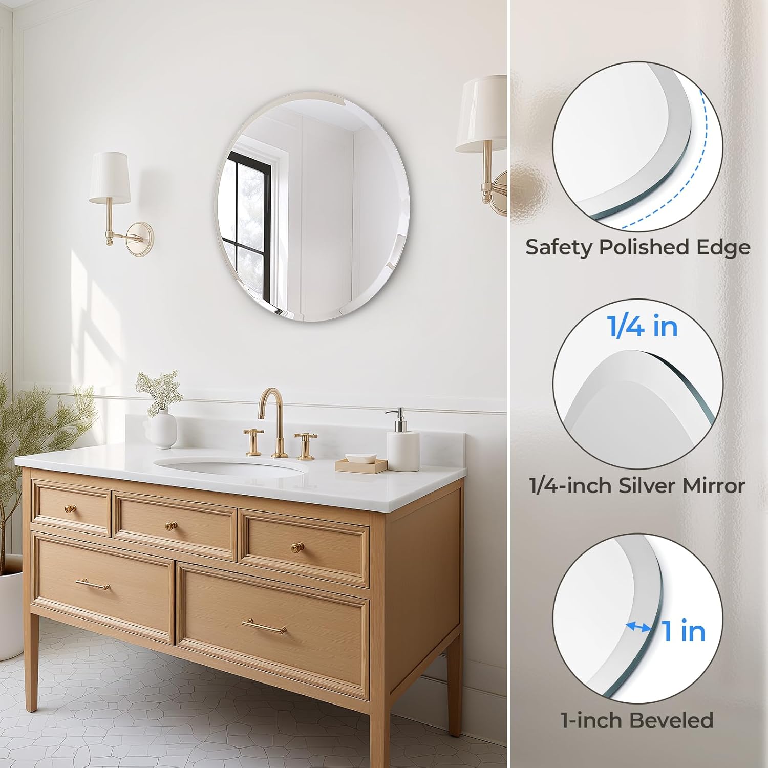 USHOWER Frameless Round Mirror 24 Inches