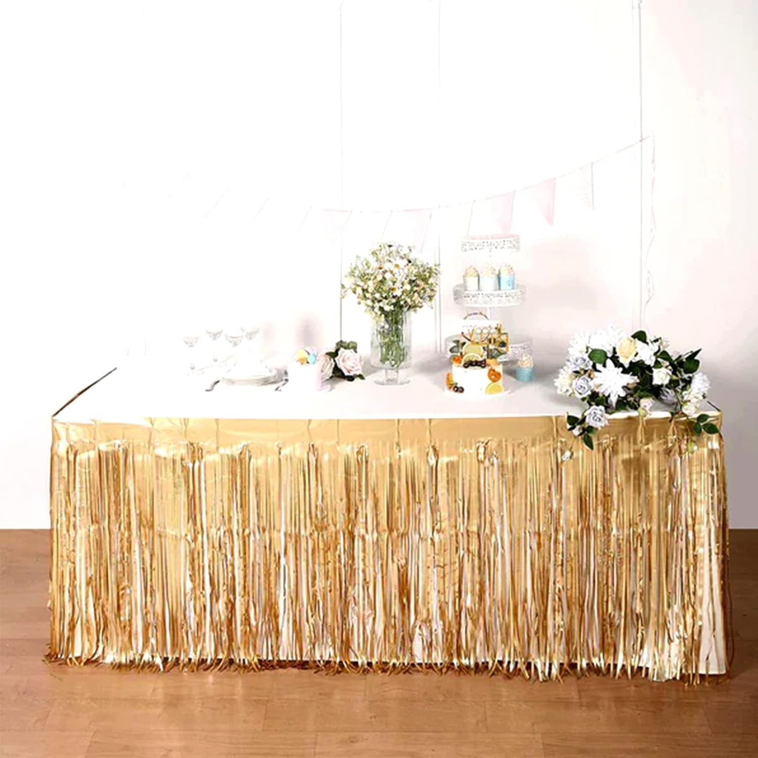 Clayghsen 4 Pack 29x108 Inch Metallic Foil Table Skirts