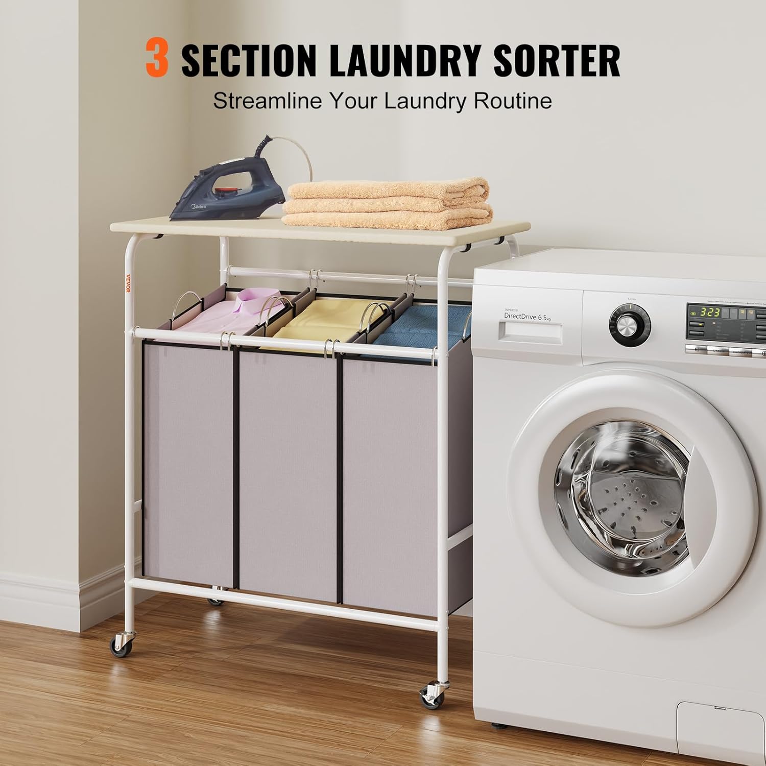 VEVOR 3-Section Laundry Sorter Cart with Ironing Board
