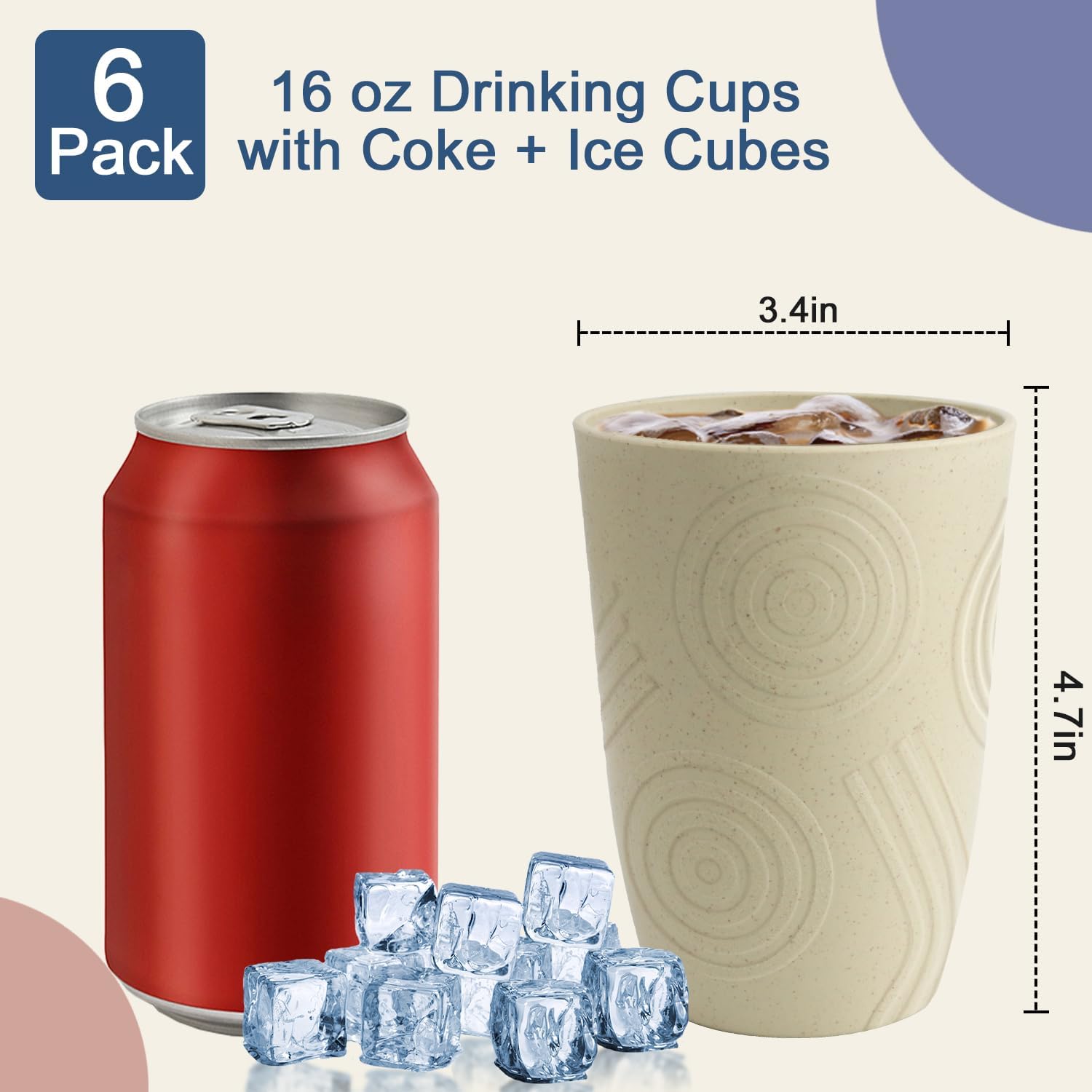 BUSOKIP Wheat Straw Cups 6 Pack 16 Oz Reusable