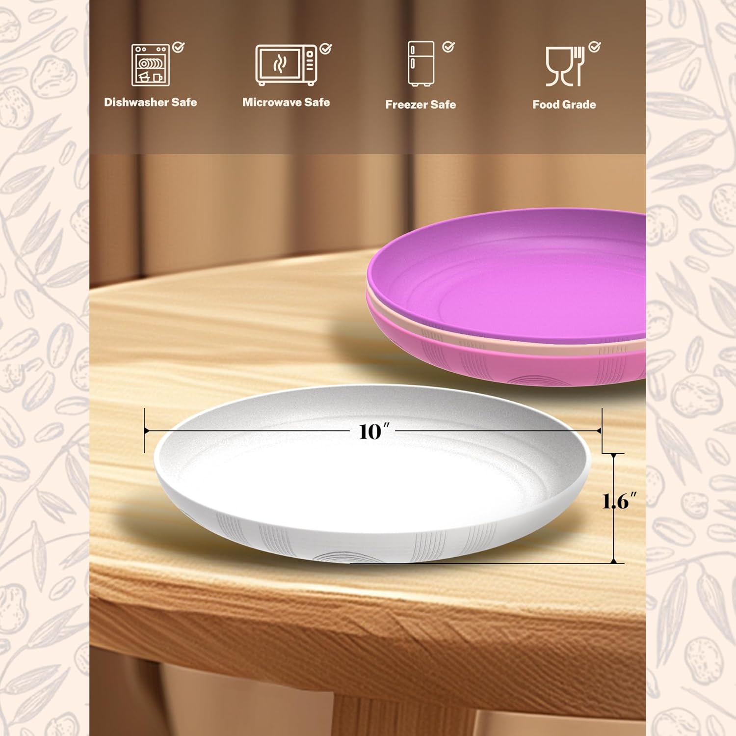 Perlapoc 10 Inch Wheat Straw Plates Set 4 pcs Flower
