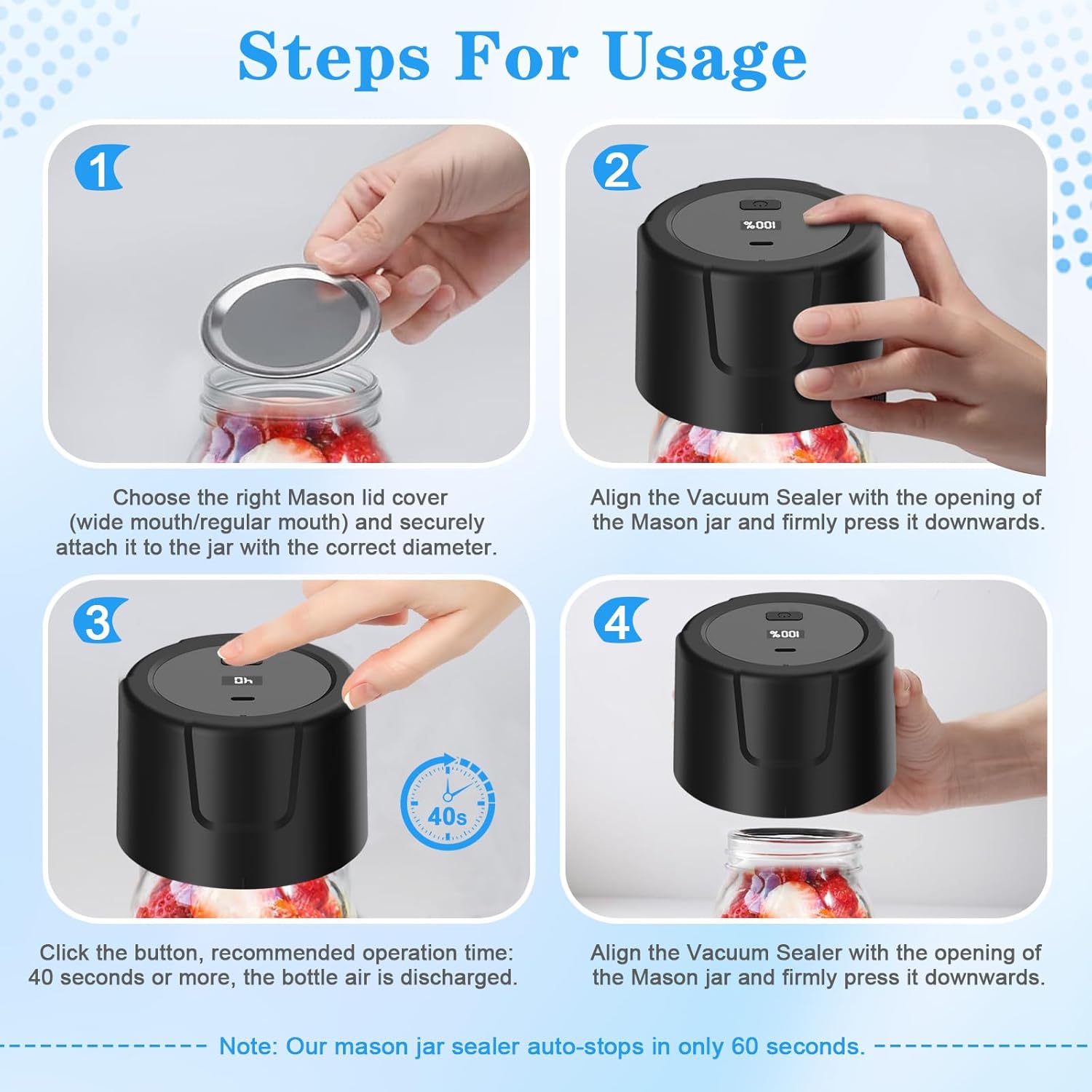 Electric Mason Jar Vacuum Sealer with 5 Regular 5 Wide Mouth Lids