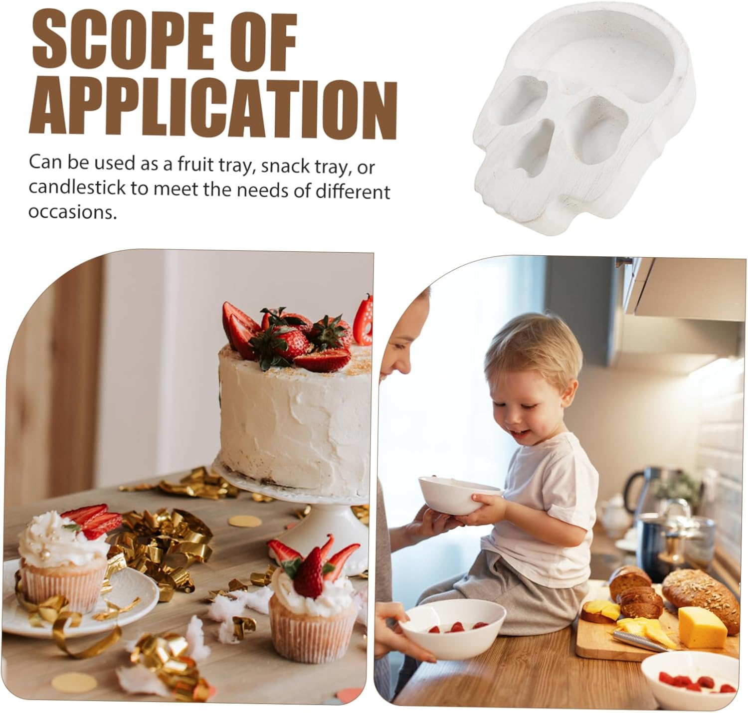 Skull-Shaped Wood Candle Holder Halloween Serving Tray