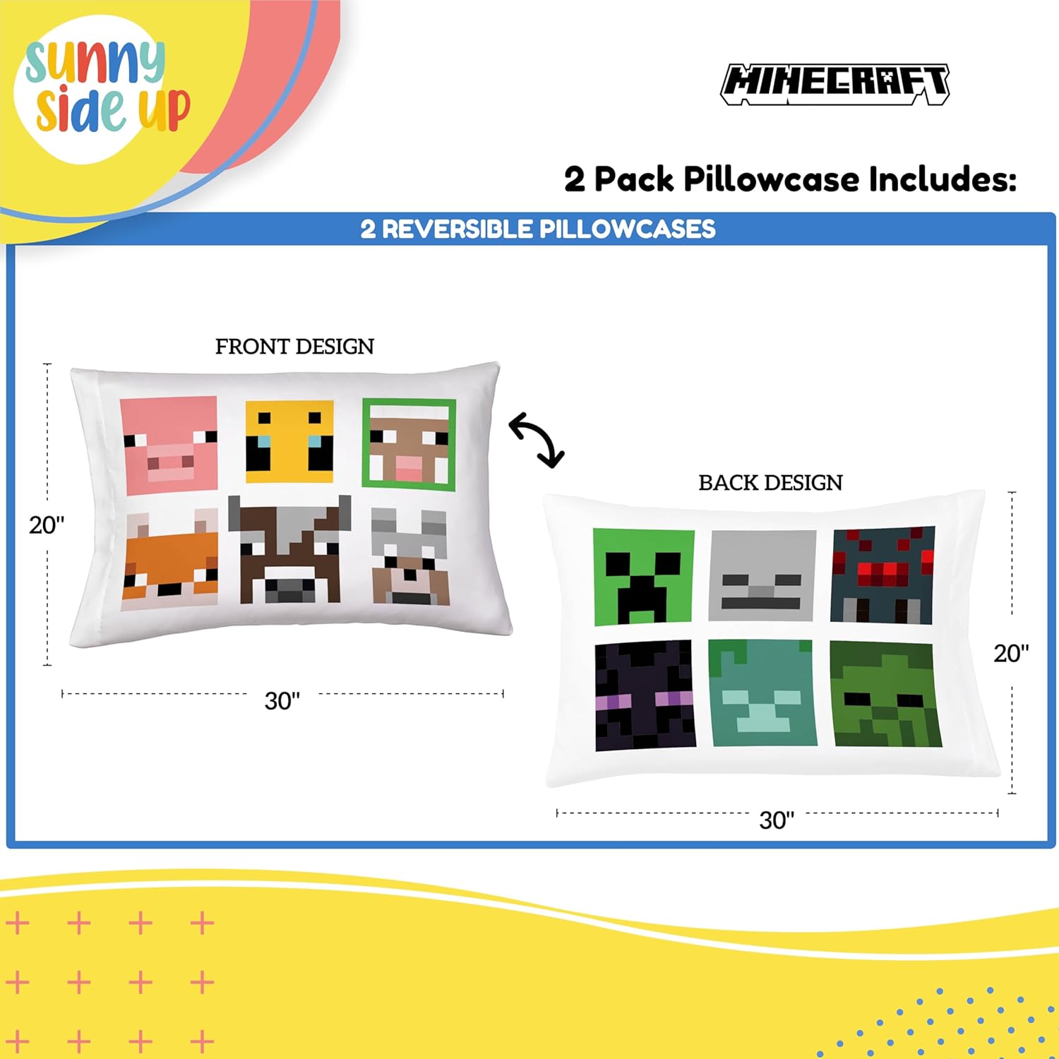 Sunny Side Up Minecraft Mobs Animals Reversible Pillowcases Double Sided Covers Kids Bedding