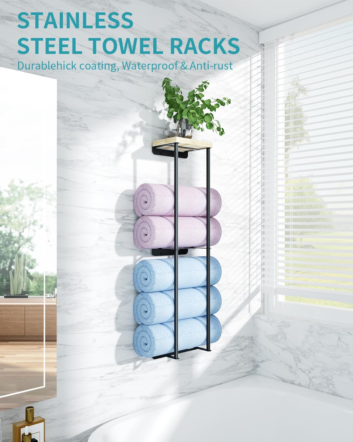 Anfeichen 2 Tier Towel Rack with Wood Shelf Black
