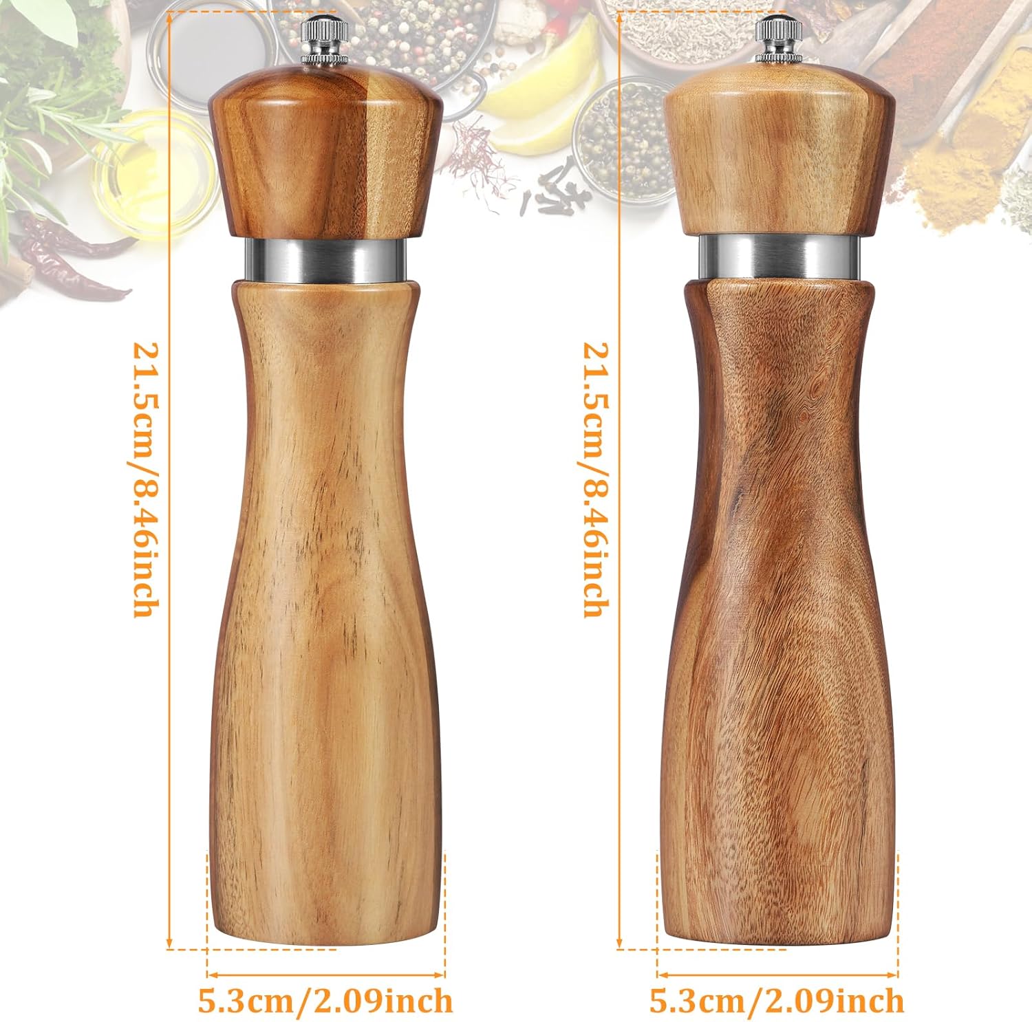 2Pcs Wood Salt and Pepper Grinder Set with Adjustable Coarseness