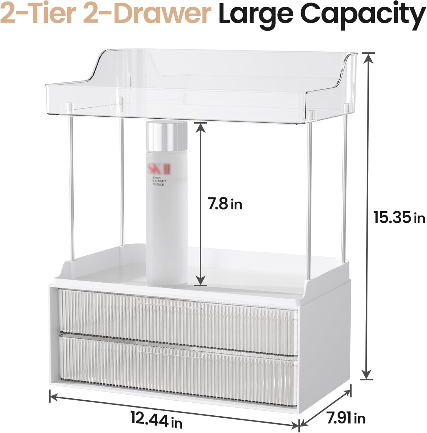 Delamu 2-Tier Makeup Organizer With 2 Drawers Clear