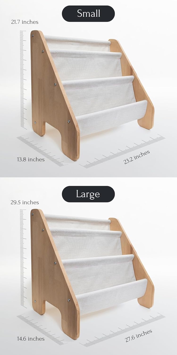 Montessori Bookshelf with Linen Fabric Hanger - 4 Tier Kids Storage Unit