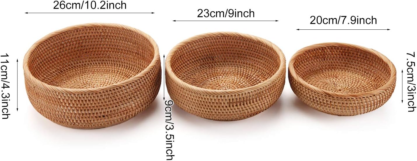 DECRAFTS Round Rattan Fruit Baskets Stackable Set of 3