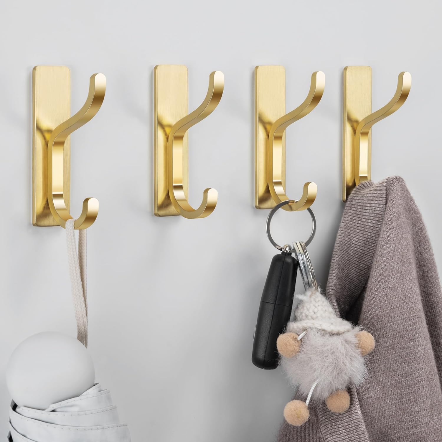 Self Adhesive Wall Hooks 4 Pack Gold Metal