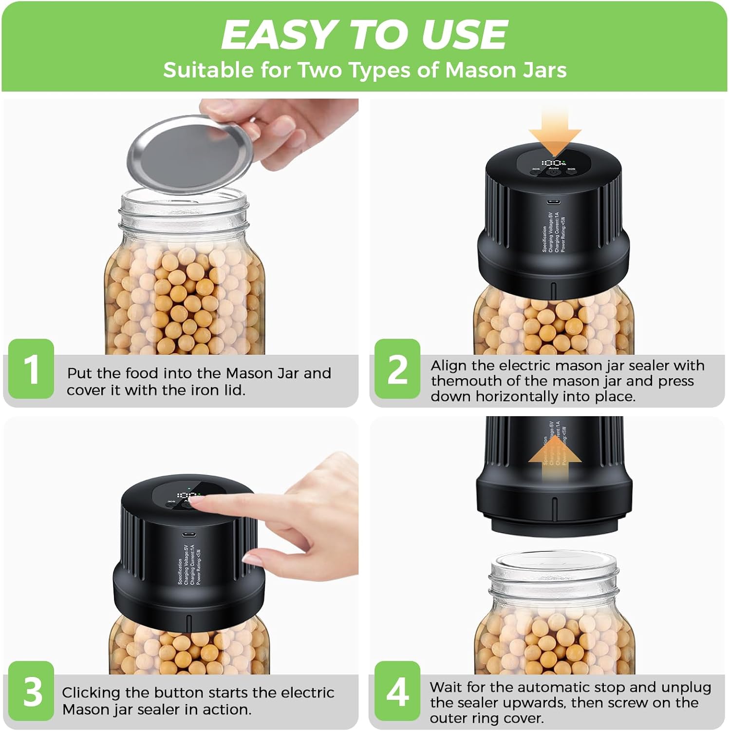 YANOY Electric Mason Jar Vacuum Sealer Kit - 2024 Smart Upgrade Black
