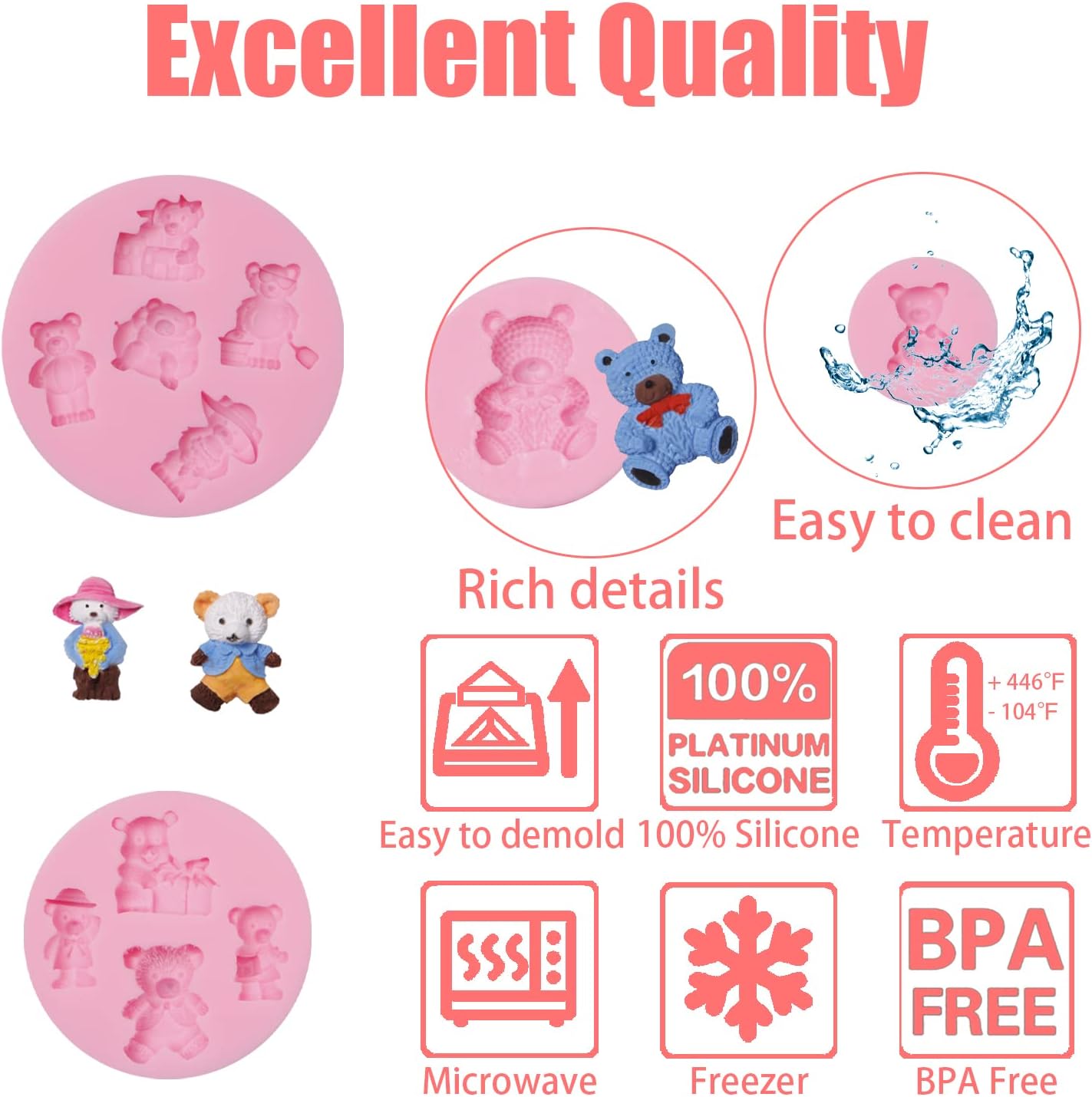Teddy Bear Chocolate Silicone Molds 4pcs for Cake Decoration