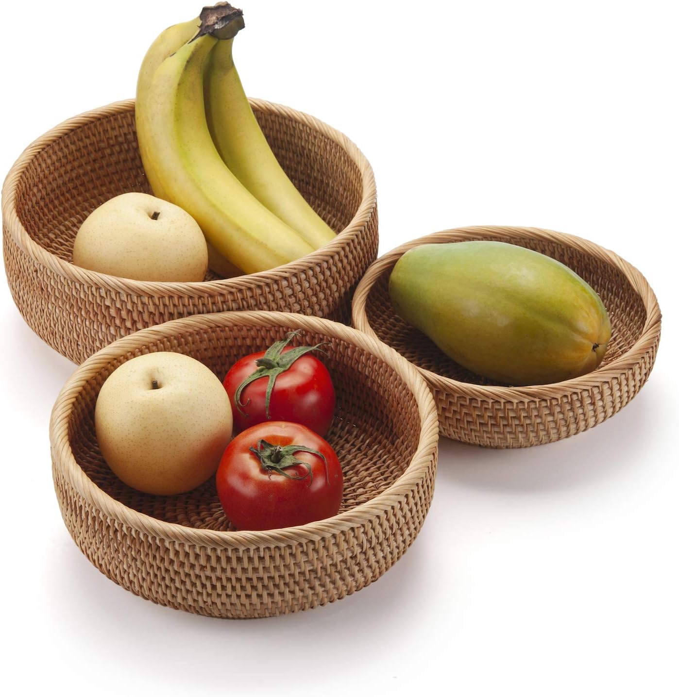 DECRAFTS Round Rattan Fruit Baskets Stackable Set of 3