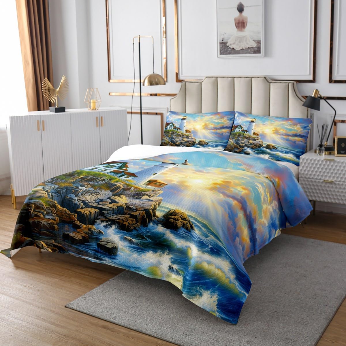 Erosebridal 3D Lighthouse Bedspread Set Ocean Theme Kids