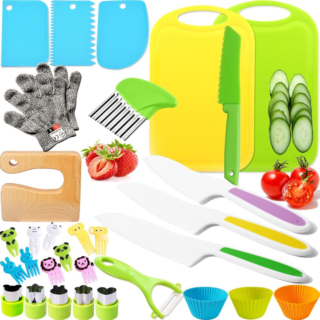 Kids Kitchen Safe Knife Set with Cutting Board and Gloves