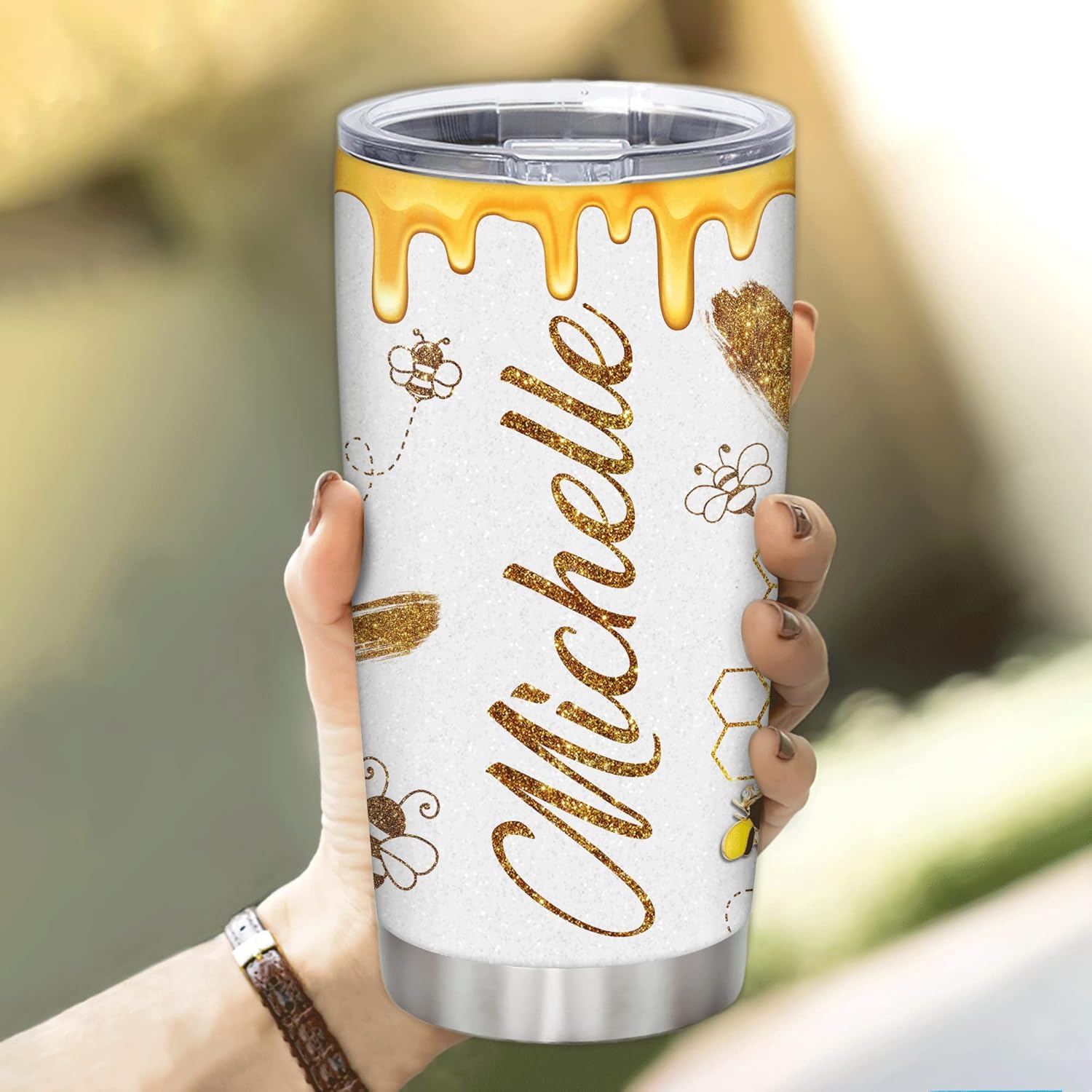 Bee Happy Custom Name Stainless Steel Tumbler 20oz With Lid