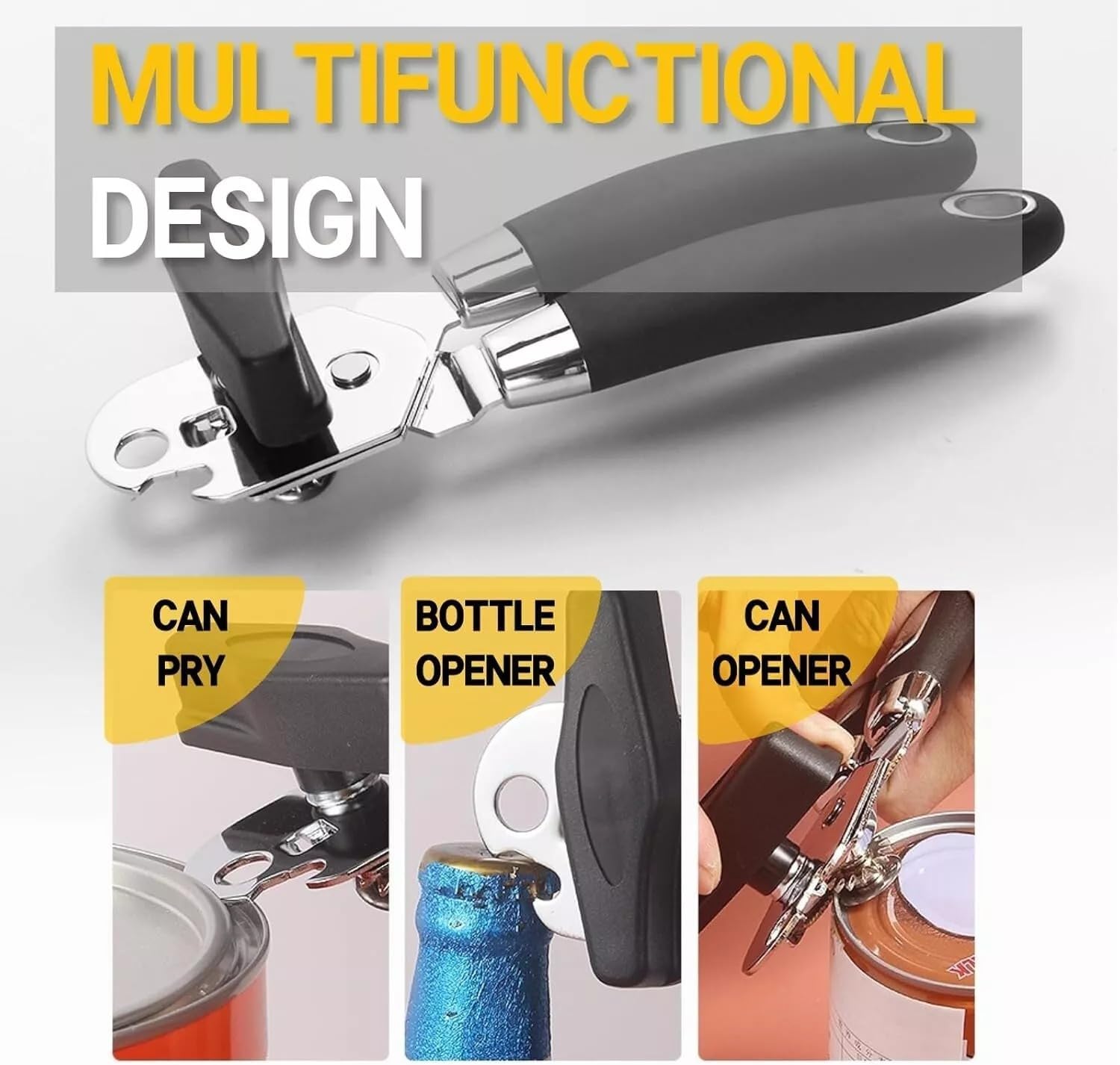 Manual Can Opener with Smooth Edge Blade and Bottle Opener Black 1