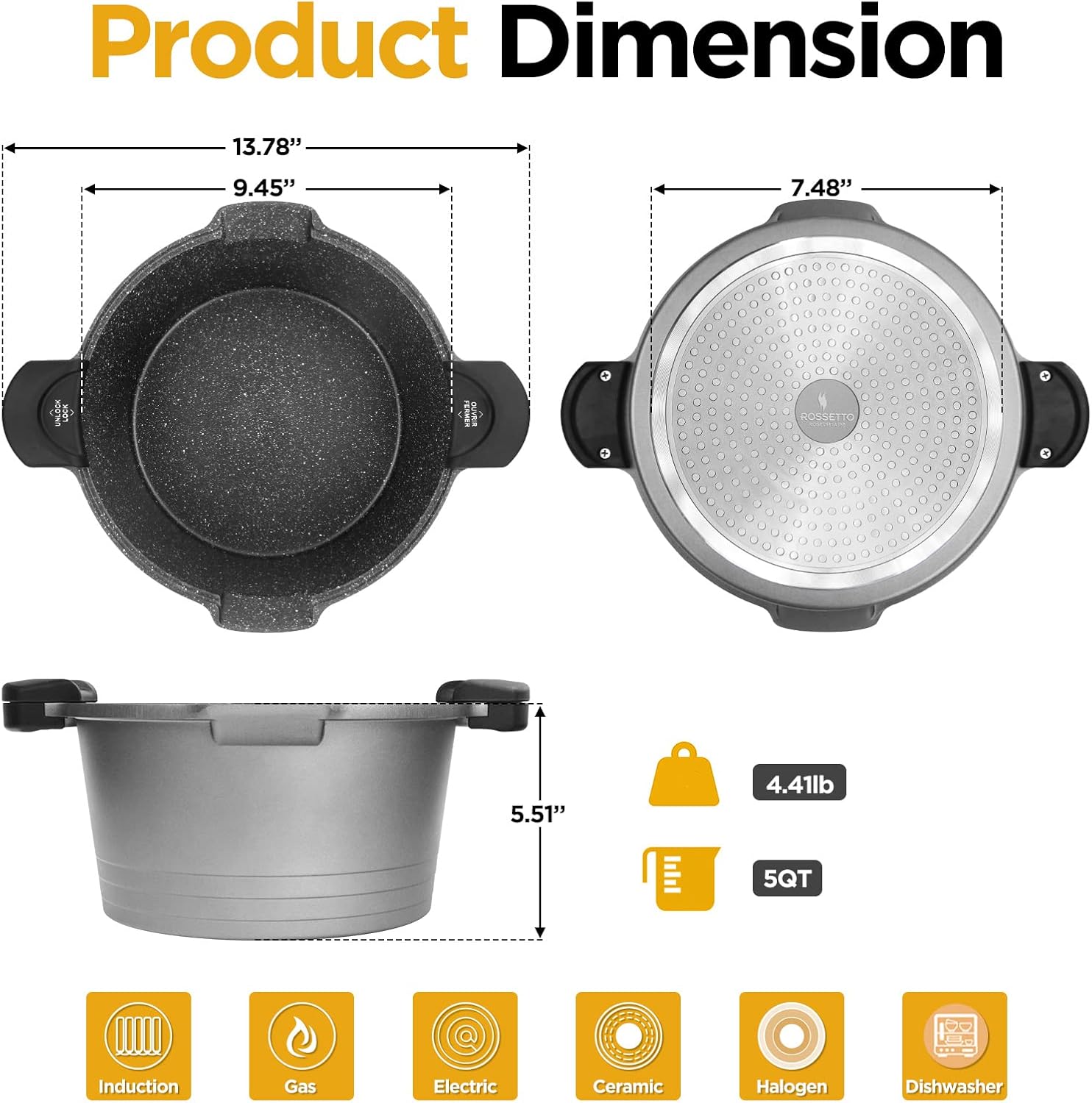 5 Quart Pasta Pot with Strainer Lid and Tempered Glass Lid