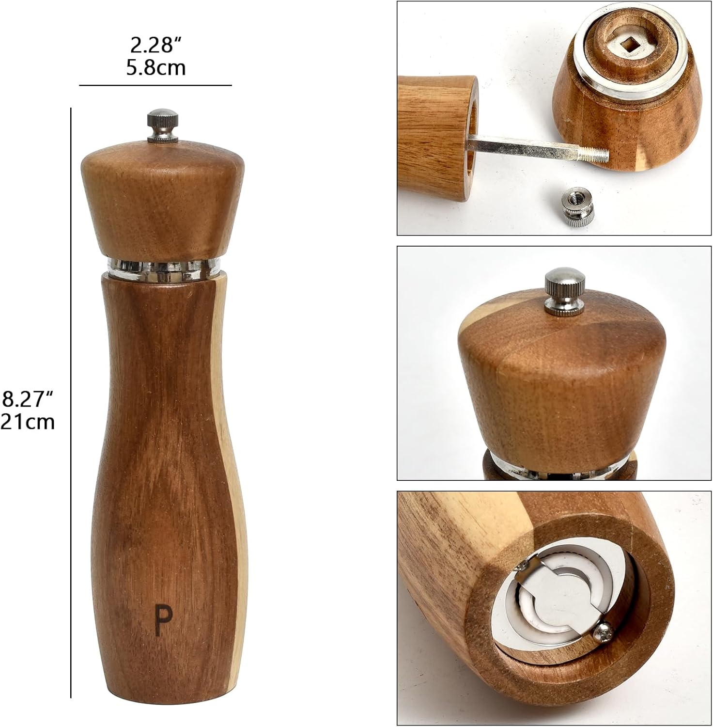 Acacia Wood Salt and Pepper Mill Set with Adjustable Spindles