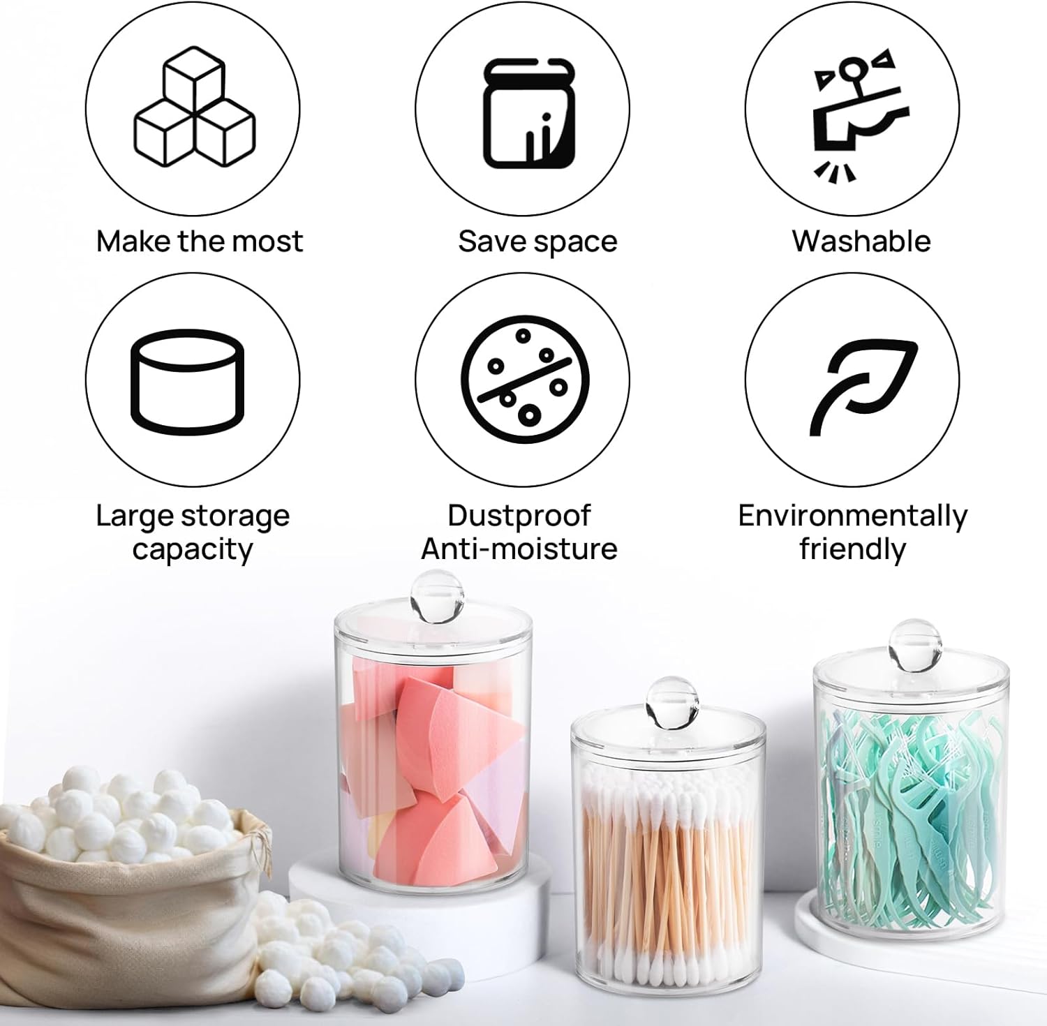 2 Pack Qtip Holder - Clear Storage Jars for Bathroom and Vanity