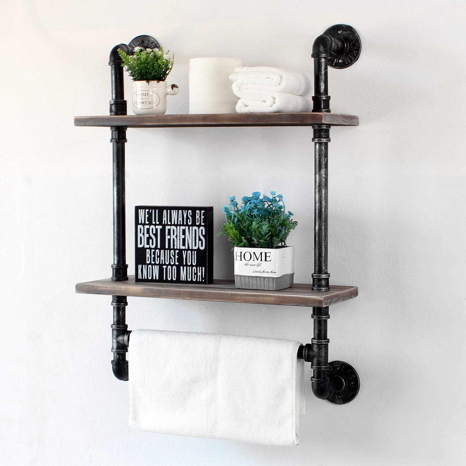 Retro Grey Industrial Pipe Bathroom Shelf Towel Rack 2 Tier